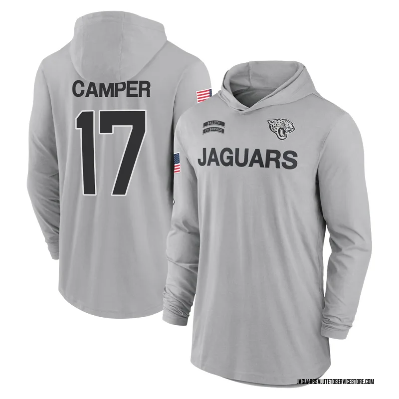 Men's Cam Camper Jacksonville Jaguars Gray 2024 Salute to Service Lightweight Performance Long Sleeve Hooded T-Shirt