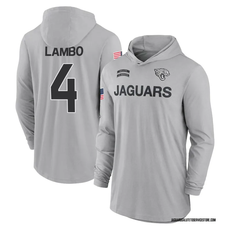 Men's Josh Lambo Jacksonville Jaguars Gray 2024 Salute to Service Lightweight Performance Long Sleeve Hooded T-Shirt