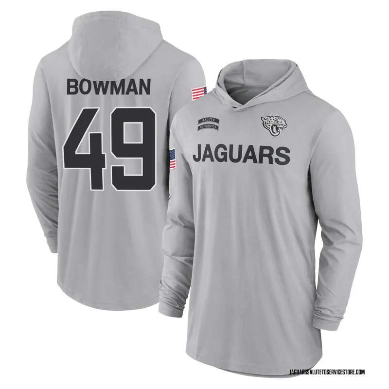 Men's Shawn Bowman Jacksonville Jaguars Gray 2024 Salute to Service Lightweight Performance Long Sleeve Hooded T-Shirt