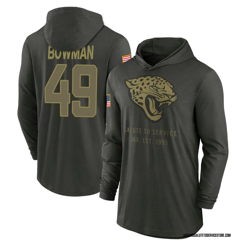 Men's Shawn Bowman Jacksonville Jaguars Green Forest/ 2025 Salute to Service Sideline Lightweight Hooded Pullover Long Sleeve T-