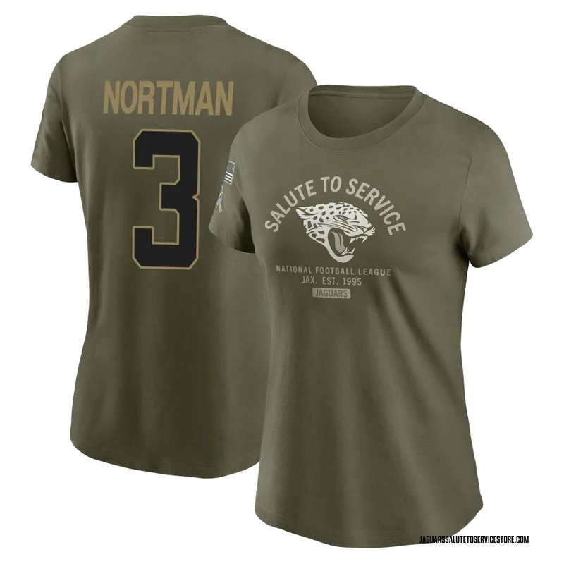 Women's Brad Nortman Jacksonville Jaguars Olive 2025 Salute to Service Sideline T-Shirt