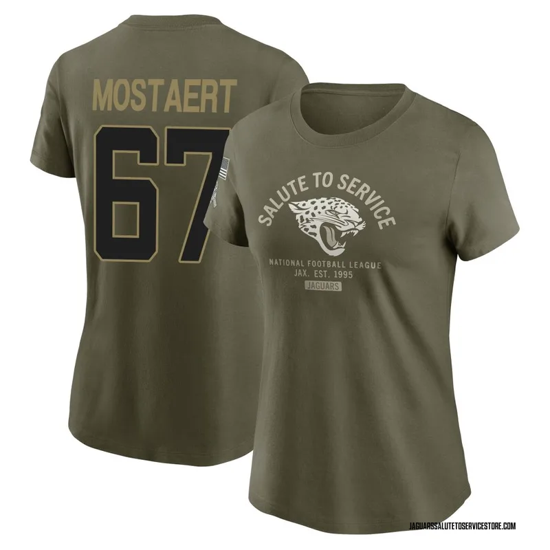 Women's Eli Mostaert Jacksonville Jaguars Olive 2025 Salute to Service Sideline T-Shirt