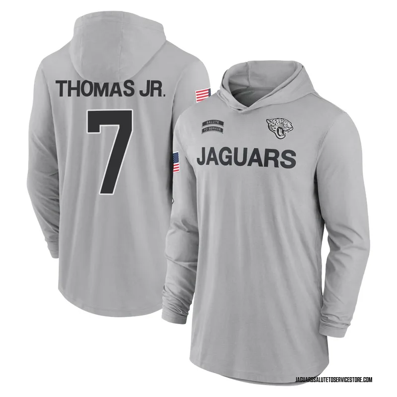Youth Brian Thomas Jr. Jacksonville Jaguars Gray 2024 Salute to Service Lightweight Performance Long Sleeve Hooded T-Shirt