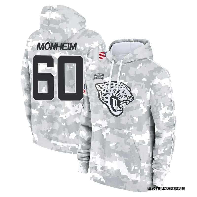Youth Jonah Monheim Jacksonville Jaguars Camo Arctic 2024 Salute to Service Club Fleece Pullover Hoodie