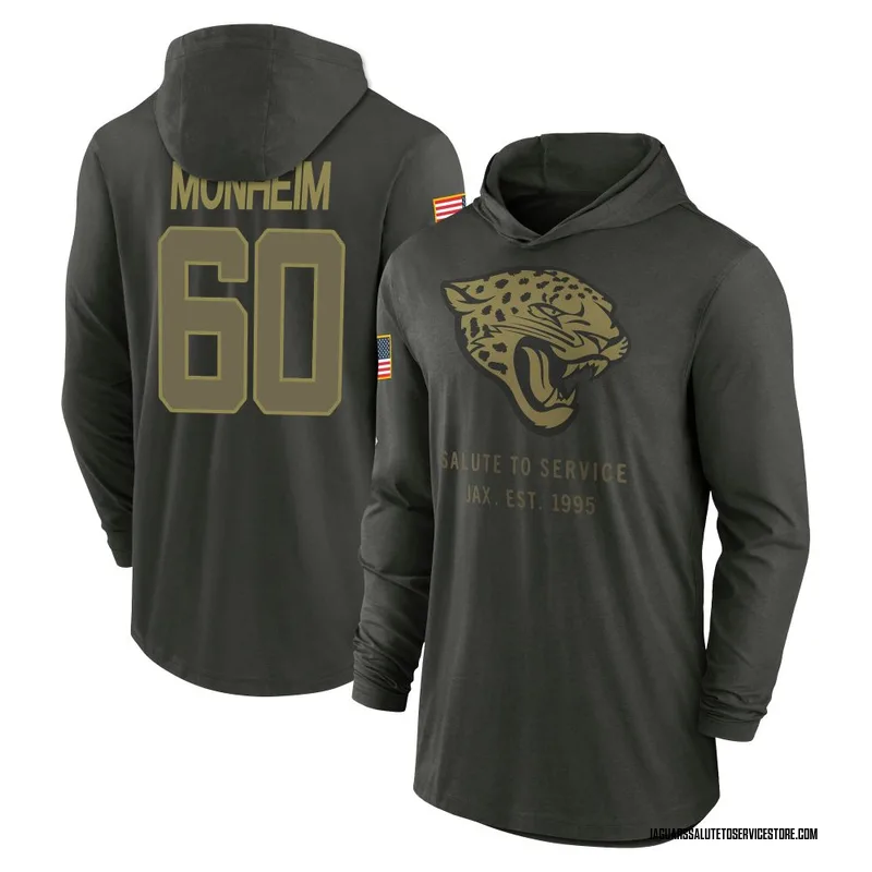 Youth Jonah Monheim Jacksonville Jaguars Green Forest/ 2025 Salute to Service Sideline Lightweight Hooded Pullover Long Sleeve T