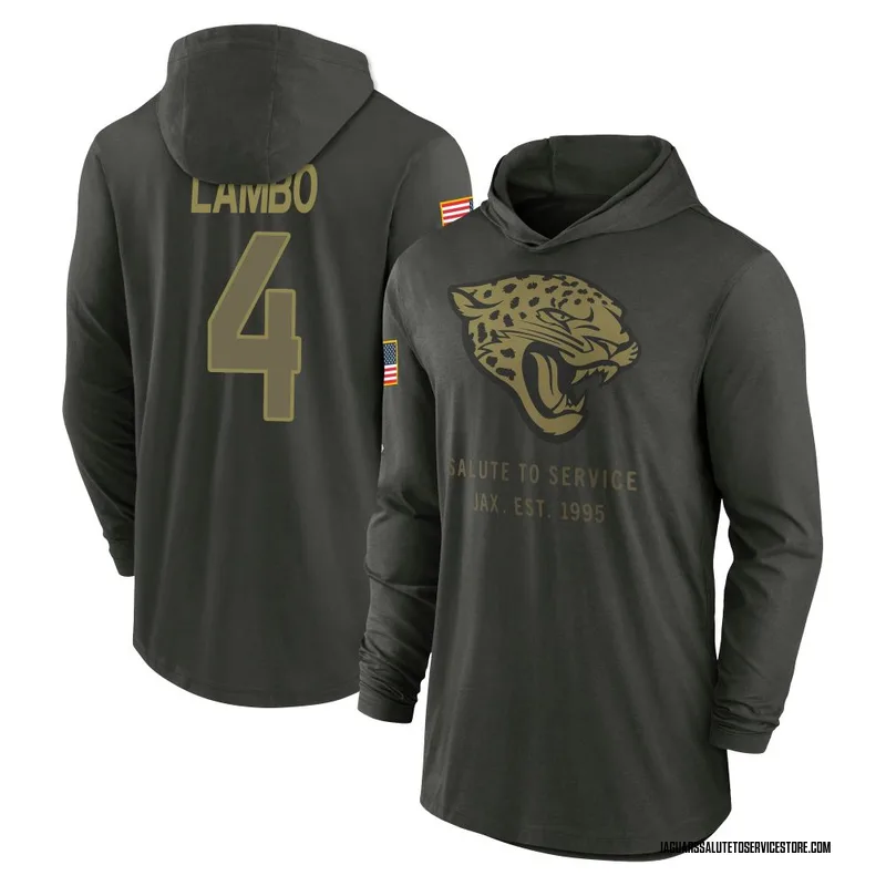 Youth Josh Lambo Jacksonville Jaguars Green Forest/ 2025 Salute to Service Sideline Lightweight Hooded Pullover Long Sleeve T-Sh