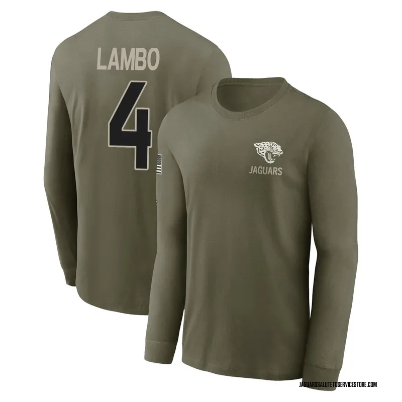 Youth Josh Lambo Jacksonville Jaguars Olive 2025 Salute to Service Sideline Long Sleeve T-Shirt