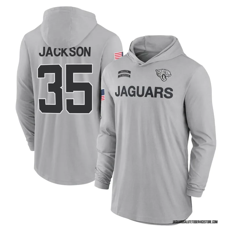 Youth Matthew Jackson Jacksonville Jaguars Gray 2024 Salute to Service Lightweight Performance Long Sleeve Hooded T-Shirt
